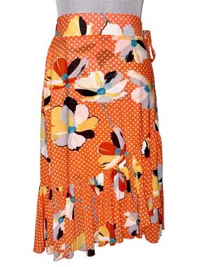 Cabi Orange Floral Polka Dot Sheer Side Tie Wrap Skirt
